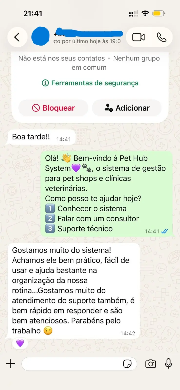 Print de conversa no WhatsApp com feedback de cliente do Pet Hub