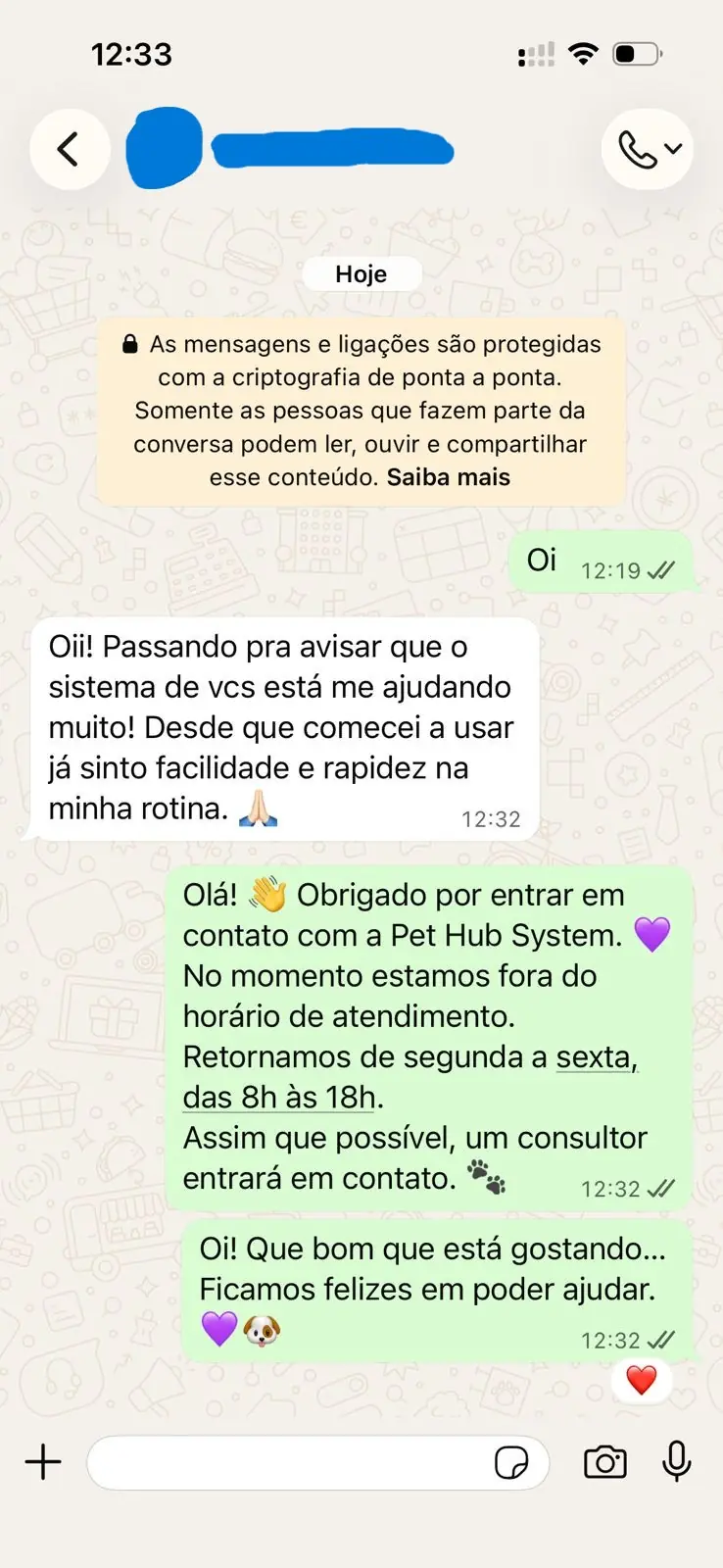 Print de mensagem de pet shop elogiando o sistema Pet Hub