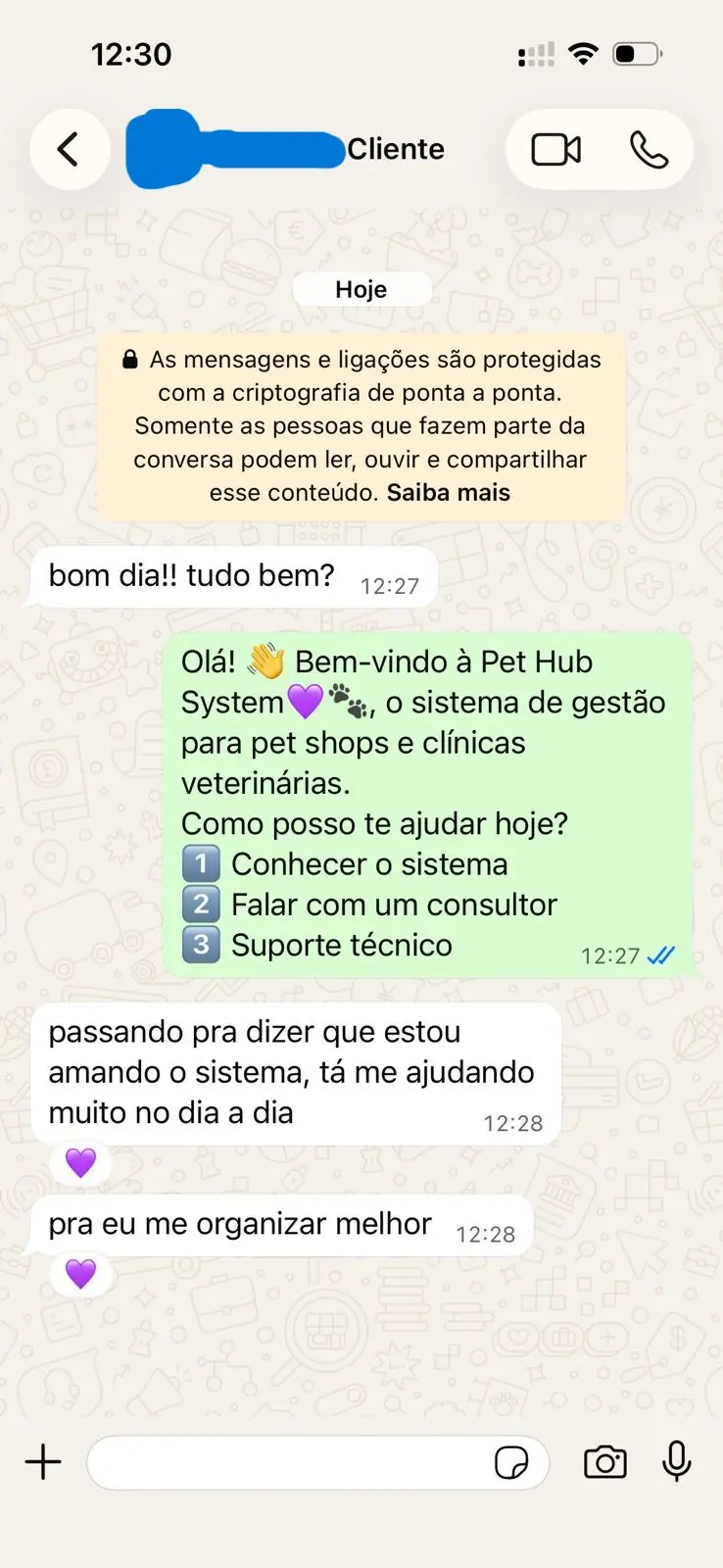 Print de feedback real de banho e tosa que usa o Pet Hub